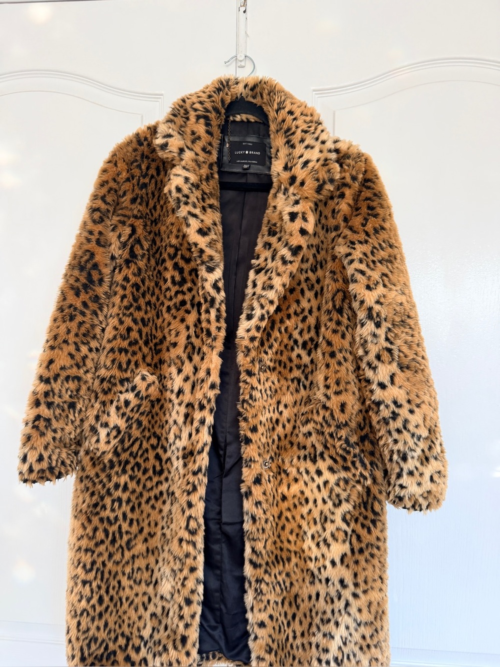 Lucky Brand Leopard Faux Fur Longline Coat Y2K XS